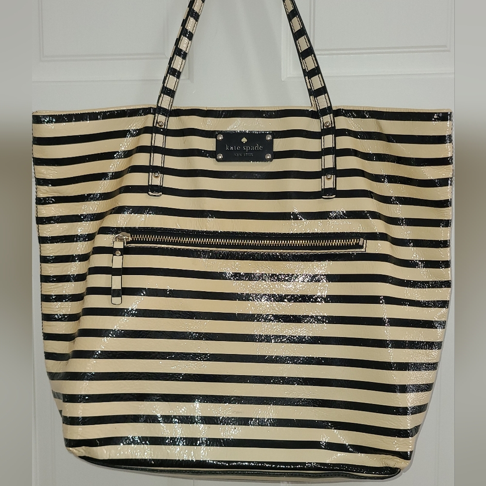 Kate Spade Patent Leather Black and Tan Striped Tote